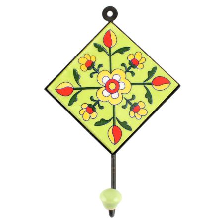 Tiny Flower Ceramic Tile Wall Hook in Pea Green